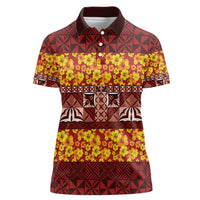 Samoa Siapo and Tapa Women Polo Shirt Pacific Tribal Pattern with Hibiscus Striped Style