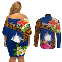 Personalised Marshall Islands Manit Day Couples Matching Off Shoulder Short Dress and Long Sleeve Button Shirts Marshall Seal Mix Hibiscus Flower Maori Pattern Style LT03 - Polynesian Pride