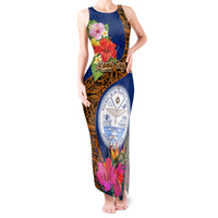 Personalised Marshall Islands Manit Day Tank Maxi Dress Marshall Seal Mix Hibiscus Flower Maori Pattern Style LT03 Women Blue - Polynesian Pride