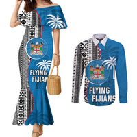 Fiji Rugby Couples Matching Mermaid Dress and Long Sleeve Button Shirts Coat of Arms Palm Tree Mix Polynesia Tapa Pattern LT03 Blue - Polynesian Pride