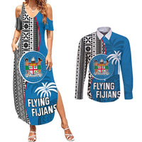 Fiji Rugby Couples Matching Summer Maxi Dress and Long Sleeve Button Shirts Coat of Arms Palm Tree Mix Polynesia Tapa Pattern LT03 Blue - Polynesian Pride