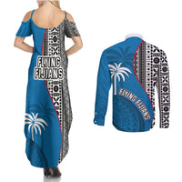 Fiji Rugby Couples Matching Summer Maxi Dress and Long Sleeve Button Shirts Coat of Arms Palm Tree Mix Polynesia Tapa Pattern LT03 - Polynesian Pride