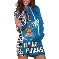 Fiji Rugby Hoodie Dress Coat of Arms Palm Tree Mix Polynesia Tapa Pattern LT03 Blue - Polynesian Pride