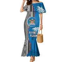 Fiji Rugby Mermaid Dress Coat of Arms Palm Tree Mix Polynesia Tapa Pattern LT03 Women Blue - Polynesian Pride