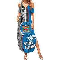 Fiji Rugby Summer Maxi Dress Coat of Arms Palm Tree Mix Polynesia Tapa Pattern LT03 Women Blue - Polynesian Pride