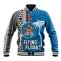 Custom Fiji Rugby Baseball Jacket Coat of Arms Palm Tree Mix Polynesia Tapa Pattern LT03 Unisex Blue - Polynesian Pride