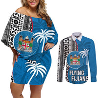 Custom Fiji Rugby Couples Matching Off Shoulder Short Dress and Long Sleeve Button Shirts Coat of Arms Palm Tree Mix Polynesia Tapa Pattern LT03 Blue - Polynesian Pride