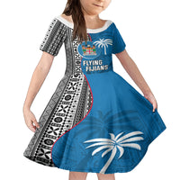 Custom Fiji Rugby Kid Short Sleeve Dress Coat of Arms Palm Tree Mix Polynesia Tapa Pattern LT03 KID Blue - Polynesian Pride