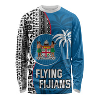 Custom Fiji Rugby Long Sleeve Shirt Coat of Arms Palm Tree Mix Polynesia Tapa Pattern LT03 Unisex Blue - Polynesian Pride