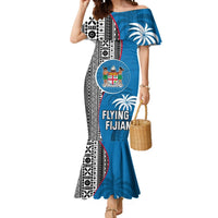 Custom Fiji Rugby Mermaid Dress Coat of Arms Palm Tree Mix Polynesia Tapa Pattern LT03 Women Blue - Polynesian Pride