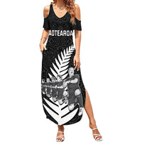 New Zealand World Cup 2023 Family Matching Summer Maxi Dress and Hawaiian Shirt Aotearoa Haka Rugby with Silver Fern Maori Ethnic Pattern LT03 Mom's Dress Black - Polynesian Pride