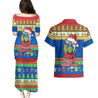 Solomon Islands Christmas Couples Matching Puletasi Dress and Hawaiian Shirt Santa With Flag Of Solomon Polynesian Tribal Xmas Vibe LT03 - Polynesian Pride