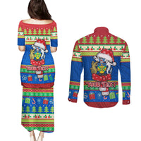 Personalised Solomon Islands Christmas Couples Matching Puletasi Dress and Long Sleeve Button Shirt Santa With Flag Of Solomon Polynesian Tribal Xmas Vibe LT03 - Polynesian Pride