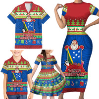 Personalised Solomon Islands Christmas Family Matching Short Sleeve Bodycon Dress and Hawaiian Shirt Santa With Flag Of Solomon Polynesian Tribal Xmas Vibe LT03 - Polynesian Pride