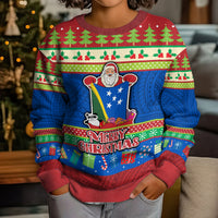 Personalised Solomon Islands Christmas Kid Ugly Christmas Sweater Santa With Flag Of Solomon Polynesian Tribal Xmas Vibe LT03 - Polynesian Pride