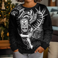 Personalised New Zealand Rugby Kid Ugly Christmas Sweater Maori Warrior Rugby with Silver Fern Sleeve Tribal Ethnic Style LT03 - Polynesian Pride