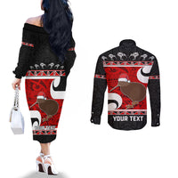 Personalized New Zealand Christmas Couples Matching Off The Shoulder Long Sleeve Dress and Long Sleeve Button Shirt Santa Haka Fern and Kiwi Bird Tino Rangatiratanga Maori Flag Style LT03 - Polynesian Pride