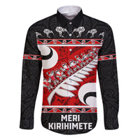 Personalized New Zealand Christmas Family Matching Off Shoulder Maxi Dress and Hawaiian Shirt Santa Haka Fern and Kiwi Bird Tino Rangatiratanga Maori Flag Style LT03 Dad's Shirt - Long Sleeve Black - Polynesian Pride