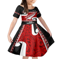 Personalized New Zealand Christmas Family Matching Off Shoulder Short Dress and Hawaiian Shirt Santa Haka Fern and Kiwi Bird Tino Rangatiratanga Maori Flag Style LT03 Daughter's Dress Black - Polynesian Pride
