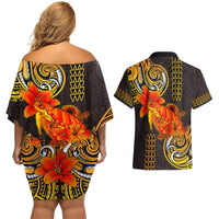 Hawaii Turtle Hibiscus Flower Couples Matching Off Shoulder Short Dress and Hawaiian Shirt Polynesian Tattoo LT03 - Polynesian Pride