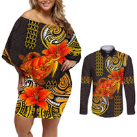 Hawaii Turtle Hibiscus Flower Couples Matching Off Shoulder Short Dress and Long Sleeve Button Shirt Polynesian Tattoo LT03 Black - Polynesian Pride