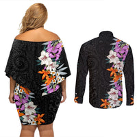 Hawaii Tropical Leaves and Flowers Couples Matching Off Shoulder Short Dress and Long Sleeve Button Shirt Tribal Polynesian Pattern LT03 - Polynesian Pride