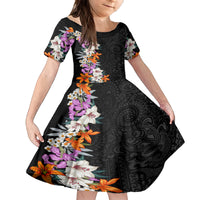 Hawaii Tropical Leaves and Flowers Family Matching Long Sleeve Bodycon Dress and Hawaiian Shirt Tribal Polynesian Pattern LT03 Daughter's Dress Black - Polynesian Pride