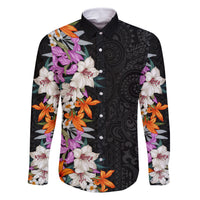 Hawaii Tropical Leaves and Flowers Family Matching Summer Maxi Dress and Hawaiian Shirt Tribal Polynesian Pattern LT03 Dad's Shirt - Long Sleeve Black - Polynesian Pride