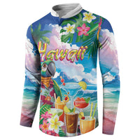 Hawaii Cocktails Button Sweatshirt Parrot with Cute Beach Landscape and Tropical Plants