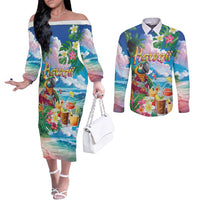 Hawaii Cocktails Couples Matching Off The Shoulder Long Sleeve Dress and Long Sleeve Button Shirt Parrot with Cute Beach Landscape and Tropical Plants