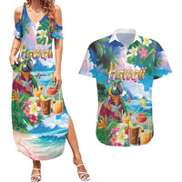 Hawaii Cocktails Couples Matching Summer Maxi Dress and Hawaiian Shirt Parrot with Cute Beach Landscape and Tropical Plants