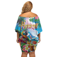 Hawaii Cocktails Family Matching Off Shoulder Short Dress and Hawaiian Shirt Parrot with Cute Beach Landscape and Tropical Plants