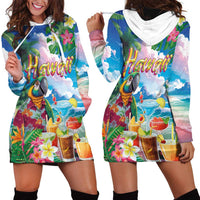 Hawaii Cocktails Hoodie Dress Parrot with Cute Beach Landscape and Tropical Plants