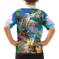 Hawaii Cocktails Kid Hawaiian Shirt Parrot with Cute Beach Landscape and Tropical Plants
