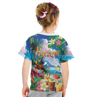 Hawaii Cocktails Kid T Shirt Parrot with Cute Beach Landscape and Tropical Plants