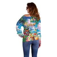 Hawaii Cocktails Off Shoulder Sweater Parrot with Cute Beach Landscape and Tropical Plants