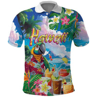 Hawaii Cocktails Polo Shirt Parrot with Cute Beach Landscape and Tropical Plants