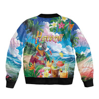 Hawaii Cocktails Sleeve Zip Bomber Jacket Parrot with Cute Beach Landscape and Tropical Plants