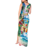 Hawaii Cocktails Tank Maxi Dress Parrot with Cute Beach Landscape and Tropical Plants