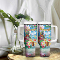 Hawaii Cocktails Tumbler With Handle Parrot with Cute Beach Landscape and Tropical Plants