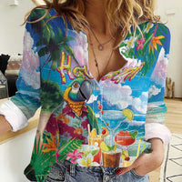 Hawaii Cocktails Women Casual Shirt Parrot with Cute Beach Landscape and Tropical Plants