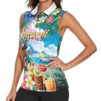 Hawaii Cocktails Women Sleeveless Polo Shirt Parrot with Cute Beach Landscape and Tropical Plants