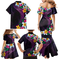 Hawaiian Plumeria-Polynesian Art Tattoo Mauve Color Family Matching Mermaid Dress and Hawaiian Shirt