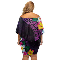 Hawaiian Plumeria-Polynesian Art Tattoo Mauve Color Family Matching Off Shoulder Short Dress and Hawaiian Shirt
