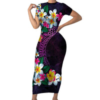 Hawaiian Plumeria-Polynesian Art Tattoo Mauve Color Short Sleeve Bodycon Dress
