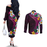 Hawaiian Plumeria-Polynesian Art Tattoo Plum Pink Color Couples Matching Off The Shoulder Long Sleeve Dress and Long Sleeve Button Shirt