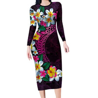 Hawaiian Plumeria-Polynesian Art Tattoo Plum Pink Color Family Matching Long Sleeve Bodycon Dress and Hawaiian Shirt