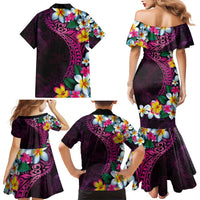 Hawaiian Plumeria-Polynesian Art Tattoo Plum Pink Color Family Matching Mermaid Dress and Hawaiian Shirt