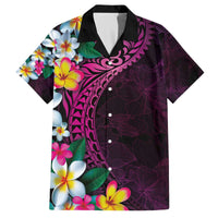 Hawaiian Plumeria-Polynesian Art Tattoo Plum Pink Color Family Matching Off The Shoulder Long Sleeve Dress and Hawaiian Shirt