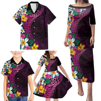 Hawaiian Plumeria-Polynesian Art Tattoo Plum Pink Color Family Matching Puletasi and Hawaiian Shirt